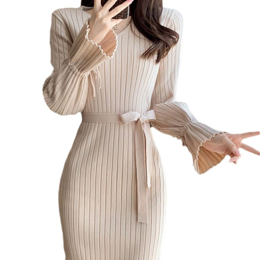 Damen Figurbetontes Maxikleid mit Bindegürtel und Rippstruktur Drune