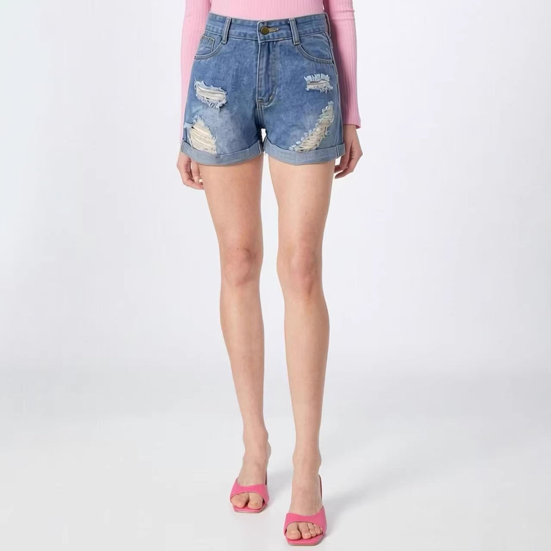 Damen Destroyed Denim-Shorts mit hohem Bund und stylischem Fransen-Look Drune