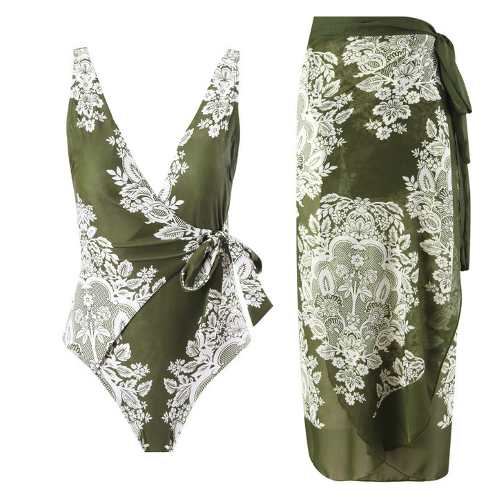 Damen Einteiler Badeanzug mit modischem Wickeldesign und floralem Muster Drune