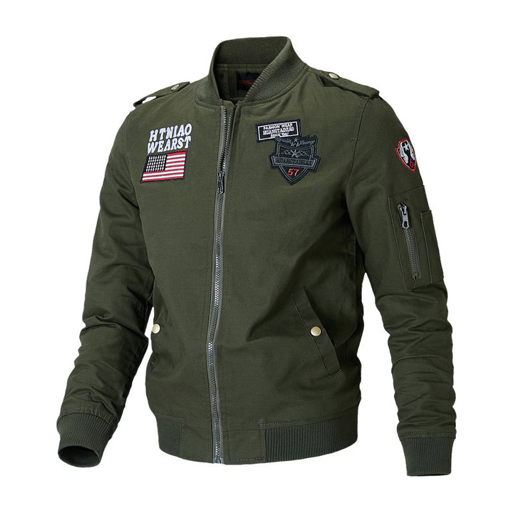 Herren nan militärisch inspirierte Bomberjacke mit gestickten Patches, Ärmeltasche, Schulterpatten und robustem Baumwoll-Twill Drune