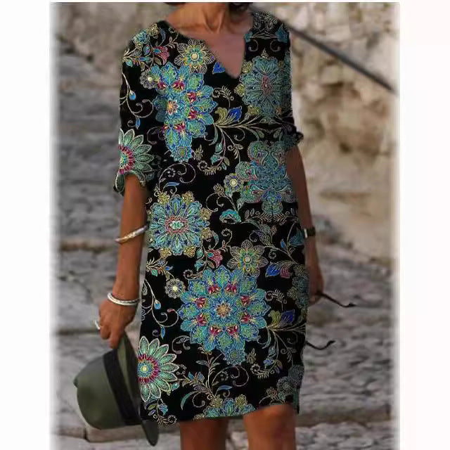 Damen luxuriöses V-Ausschnitt Kleid mit floralem Design und kurzem Ärmel Drune