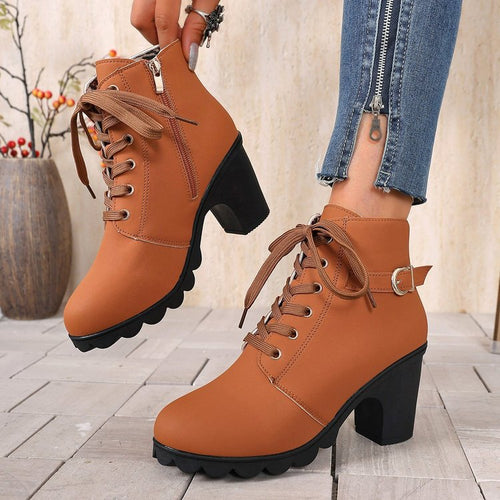 Damen nan knöchelhohe Schnür-Stiefelette mit seitlichem Reißverschluss, dekorativer Gürtelschlaufe, mittelhohem Blockabsatz und profilstarker Laufsohle Drune