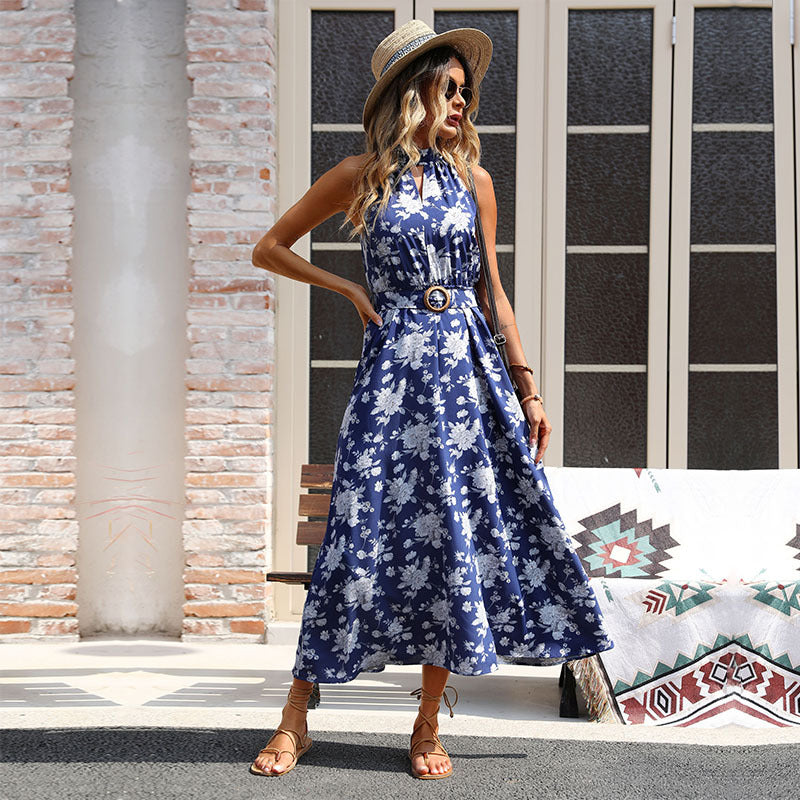 Damen Maxi-Kleid mit elegantem Blumenmuster und modischem Taillengürtel Drune