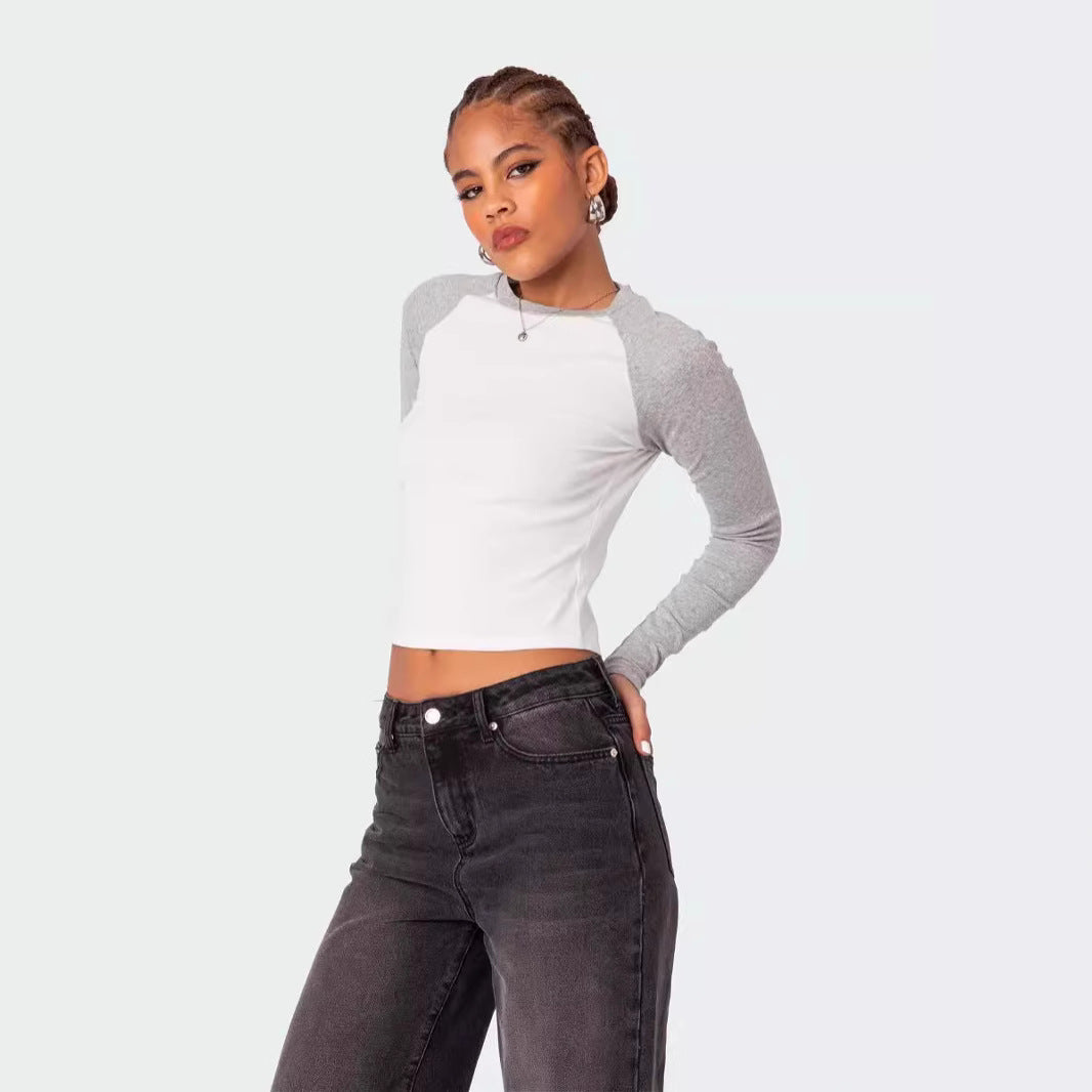 Damen Langarmshirt mit Kontrastärmeln und figurbetontem Schnitt Drune