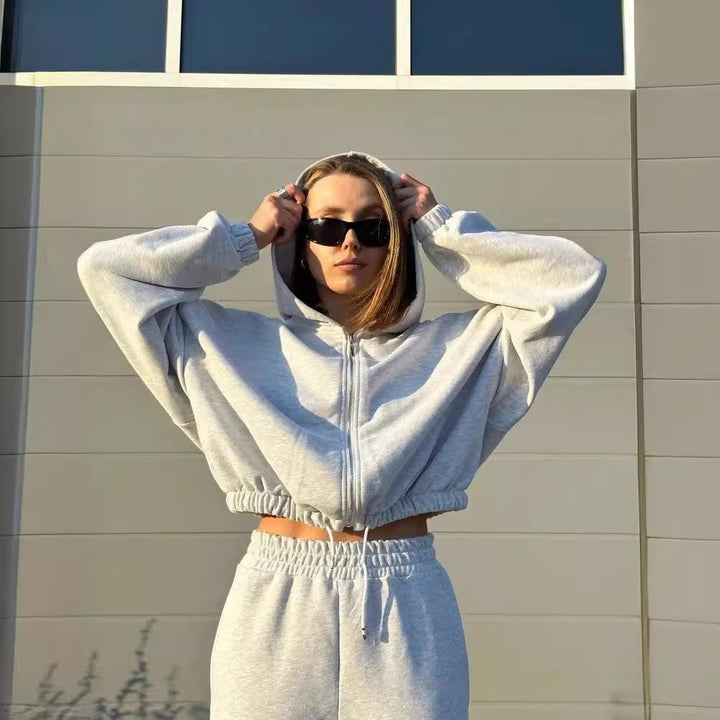 Damen lässiger Kapuzenpullover mit kurzem Schnitt und elastischem Bund Drune