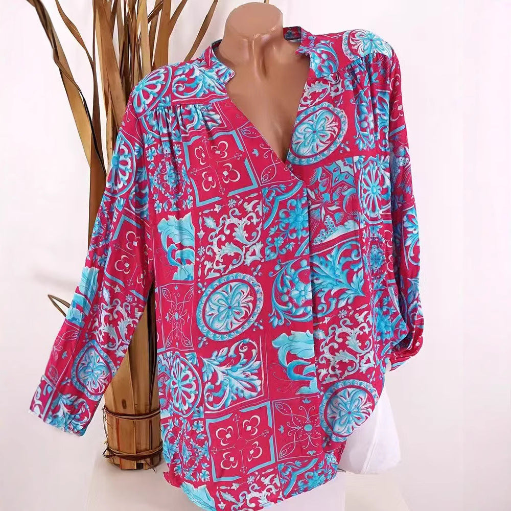 Damen Bluse mit floralem Ornamentmuster und lässigem Schnitt Drune