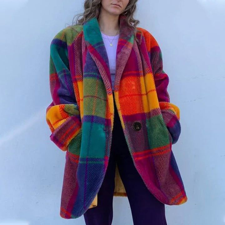 Damen Gemusterter Oversized Mantel mit Karodesign und weichem Material Drune