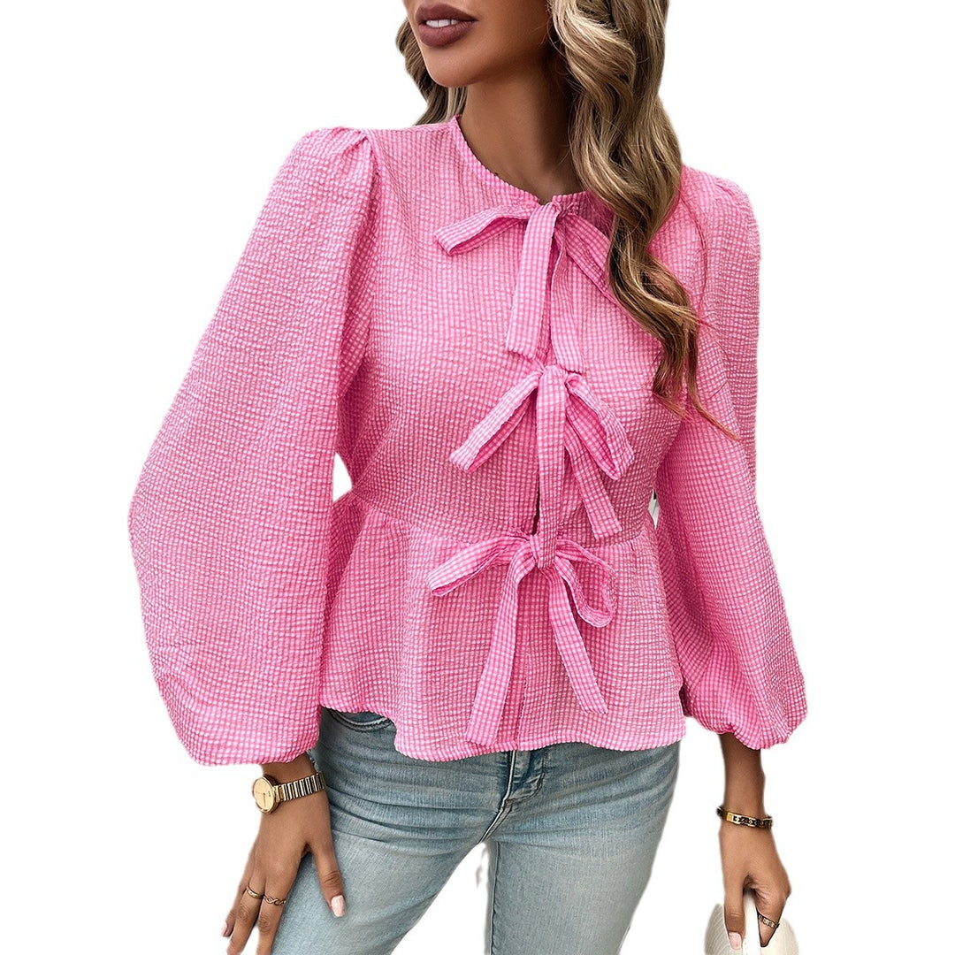 Damen Bluse mit dekorativen Bändchen und Volantärmeln Drune