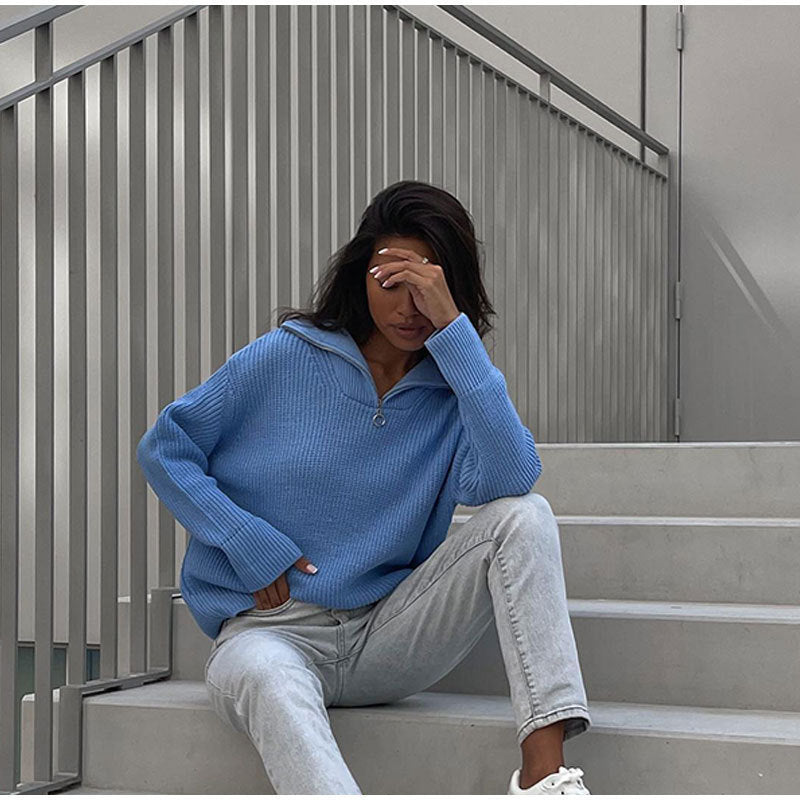 Damen Hochwertiger Pullover mit modernem Kragen und Reißverschluss Drune
