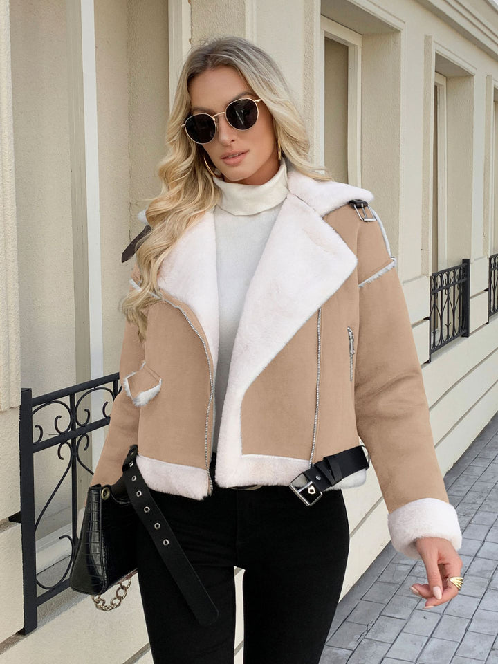 Damen modische Lederjacke mit Kunstfellkragen und Gürtel Drune