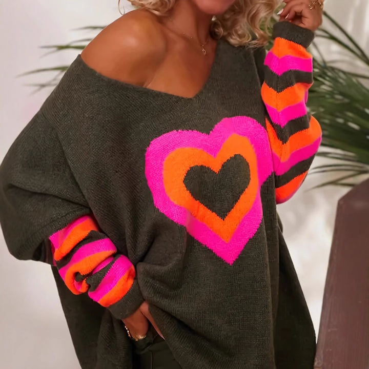Damen Oversized Pullover mit Herzmotiv und bunten Streifen Drune