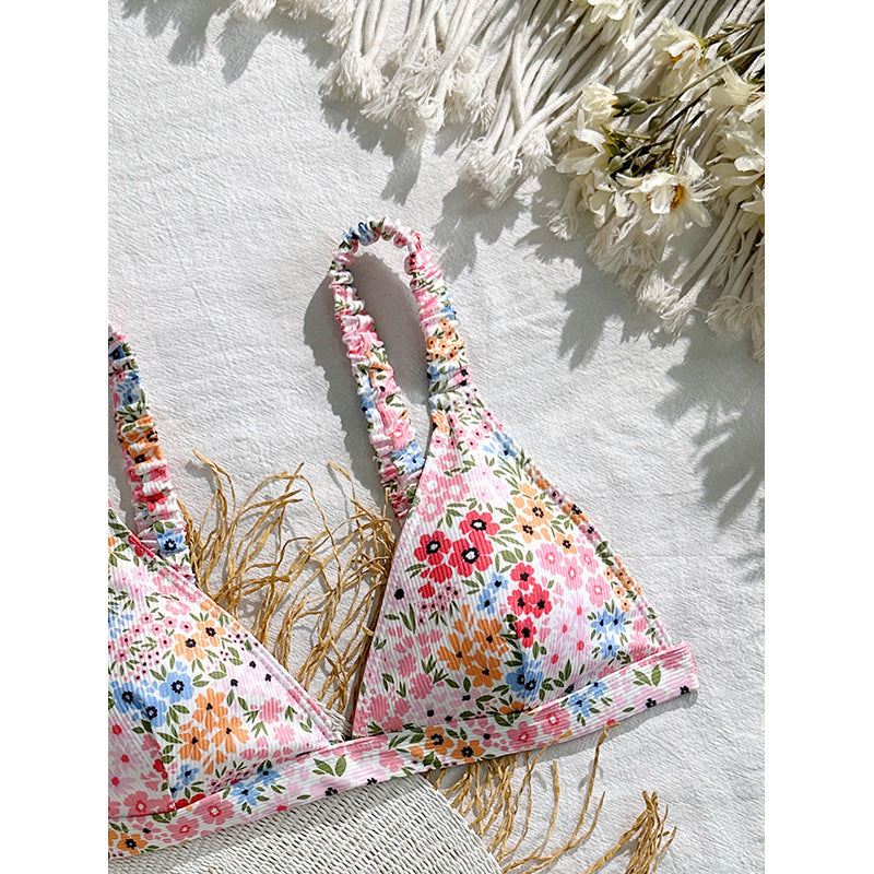 Damen Triangel-Bikini-Oberteil mit floralen Mustern und verstellbaren Trägern Drune