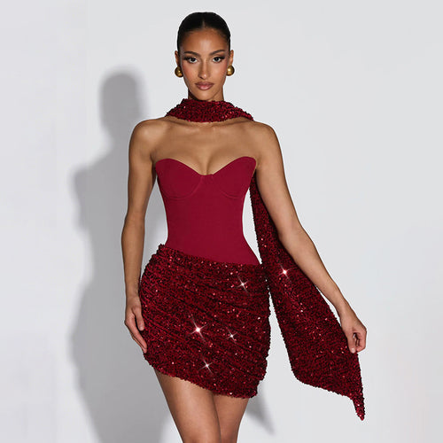 Damen Mini-Kleid mit schimmerndem Oberteil und figurbetontem Design Drune