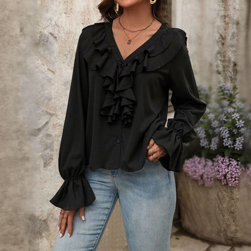 Damen Bluse mit eleganten Rüschendetails und schickem V-Ausschnitt Drune
