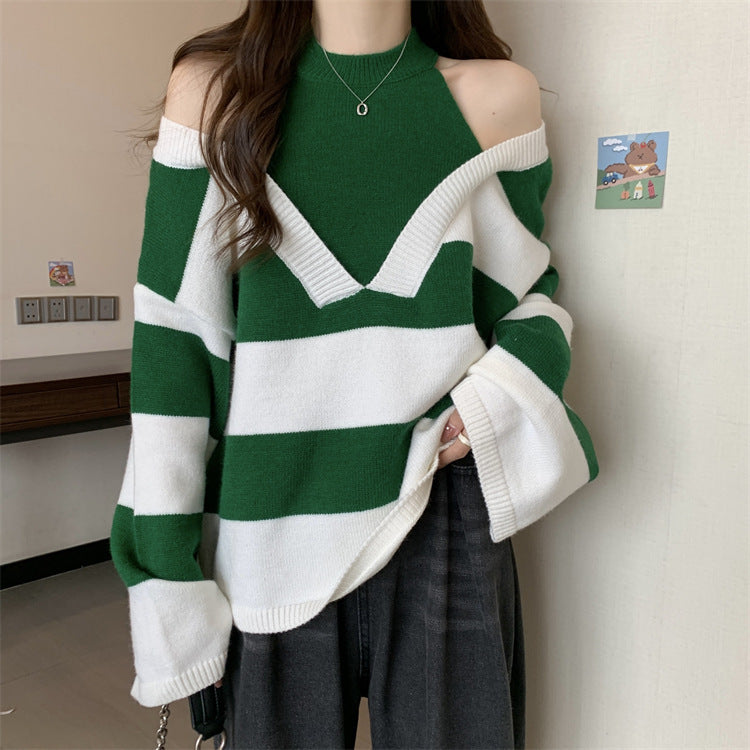 Damen V-Ausschnitt Oversized-Pullover mit modischem Streifenmuster und offenem Schulterdesign Drune
