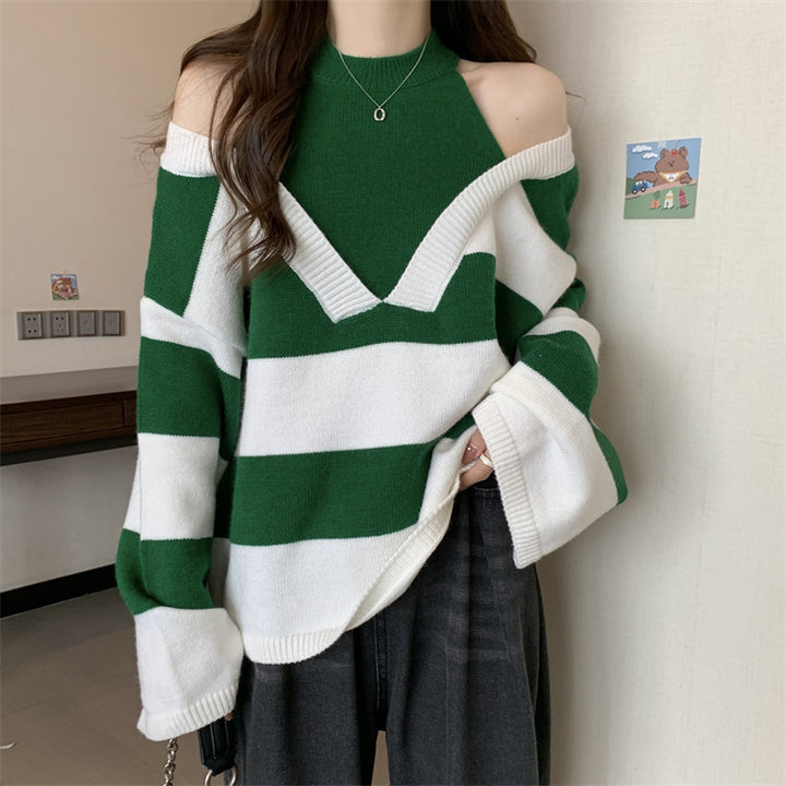 Damen V-Ausschnitt Oversized-Pullover mit modischem Streifenmuster und offenem Schulterdesign Drune