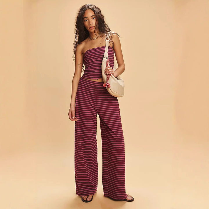 Damen lässiges Loungewear-Set mit geripptem Oberteil und weiten Hosen Drune