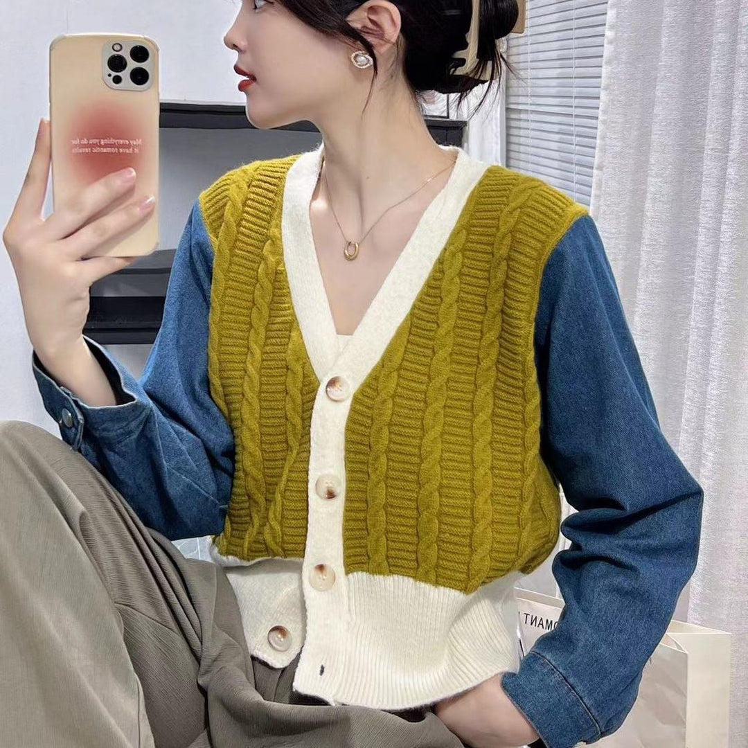 Damen Modischer Strickcardigan mit Denim-Ärmeln Drune