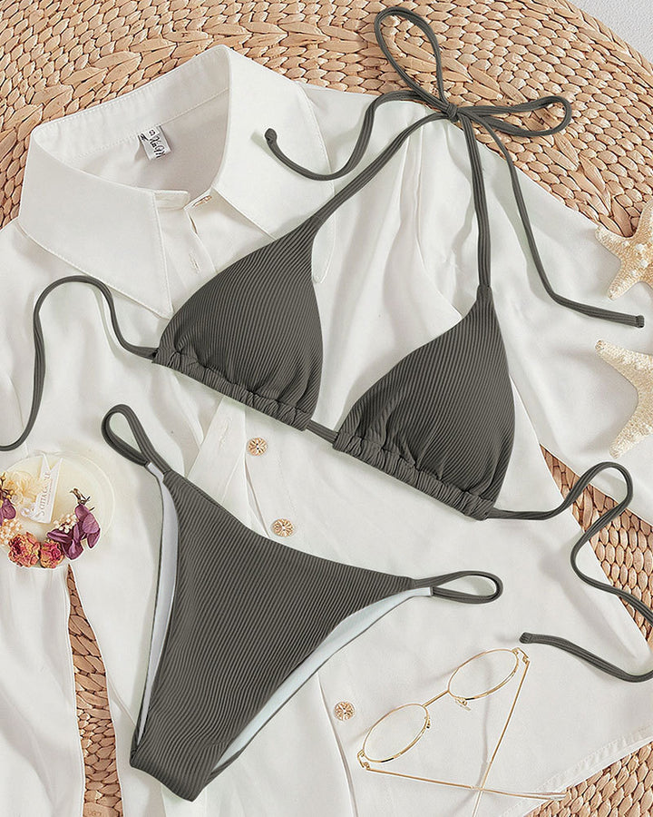 Damen Triangel-Bikini mit feinem Rippstruktur und verspielten Bindebändern Drune