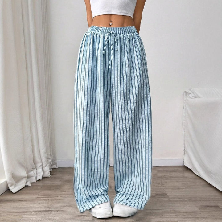 Damen weite gestreifte Stoffhose mit elastischem Bund und praktischen Taschen Drune