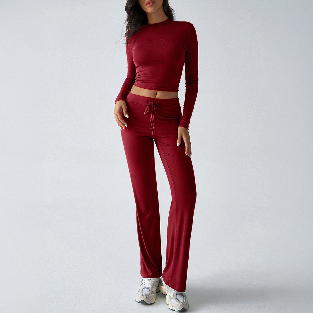 Damen nan tailliertes Longsleeve-Crop-Top und weite Lounge-Hose im Zweiteiler-Set aus Stretchjersey Drune