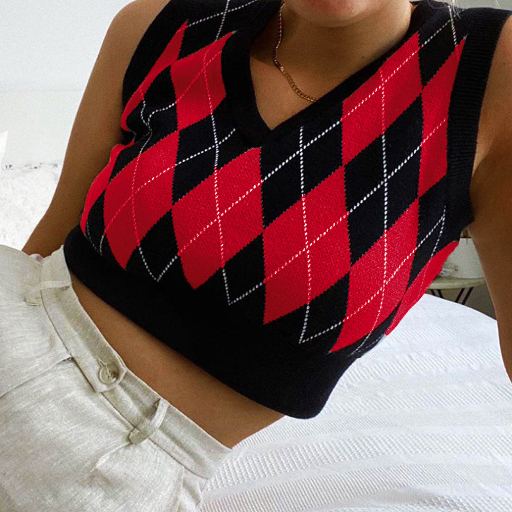 Damen cropped Stricktop mit modernem Rautenmuster Drune