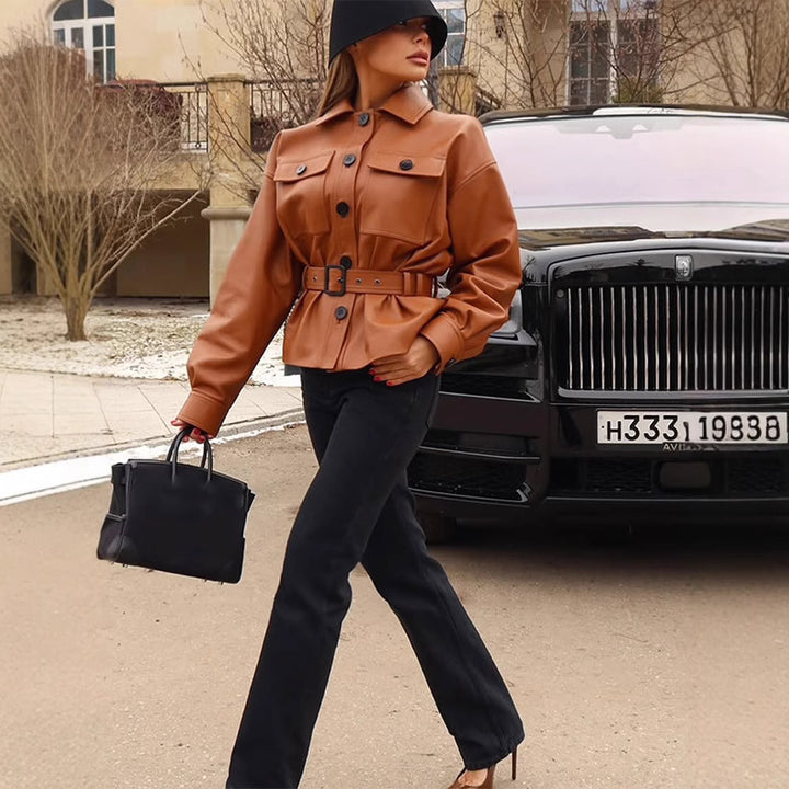 Damen modische Kunstlederjacke mit tailliertem Schnitt und Gürtel Drune
