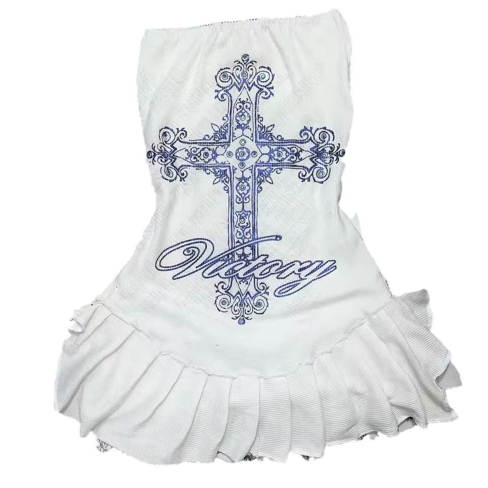 Damen Figurbetontes Rüschenkleid mit Kreuzmotiv Drune