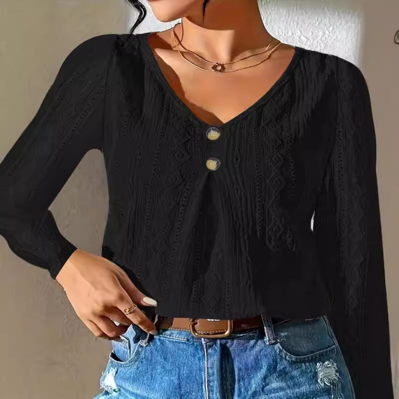 Damen Bluse mit dekorativen Knöpfen und strukturiertem Gewebe Drune