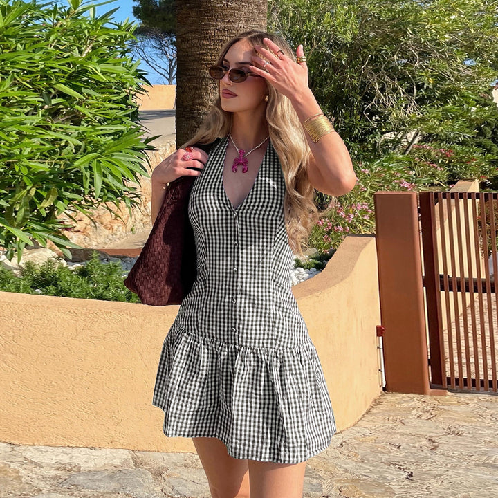 Damen V-Ausschnitt Kleid mit schwingendem Saum und Knopfdetails Drune