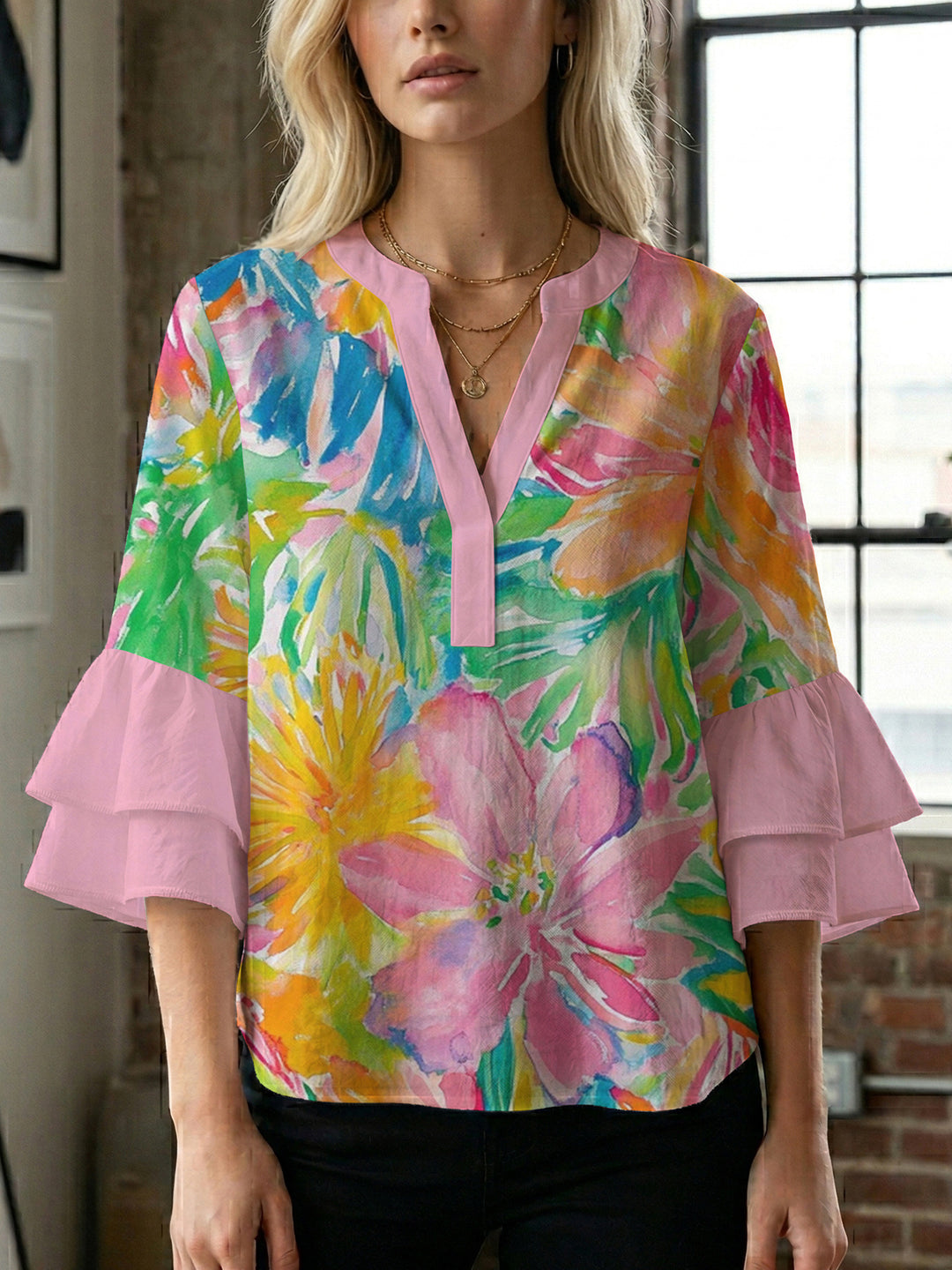 Damen Bluse mit voluminösen Rüschenärmeln und floralem Muster Drune