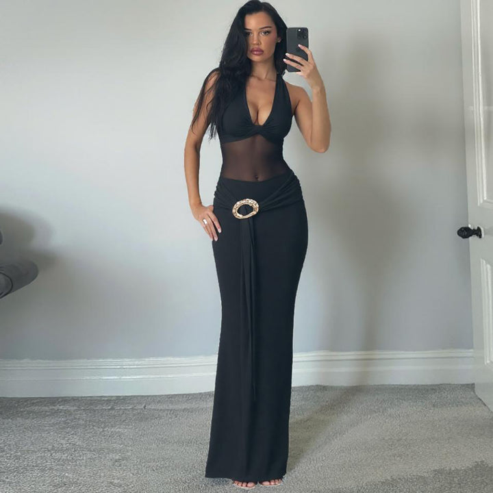 Damen Maxikleid mit durchscheinendem Oberteil und dekorativem Gürtel Drune