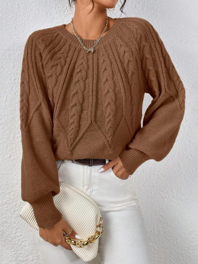 Damen nan kurzer Zopfmuster-Strickpullover mit Ballonärmeln und geripptem Saum Drune