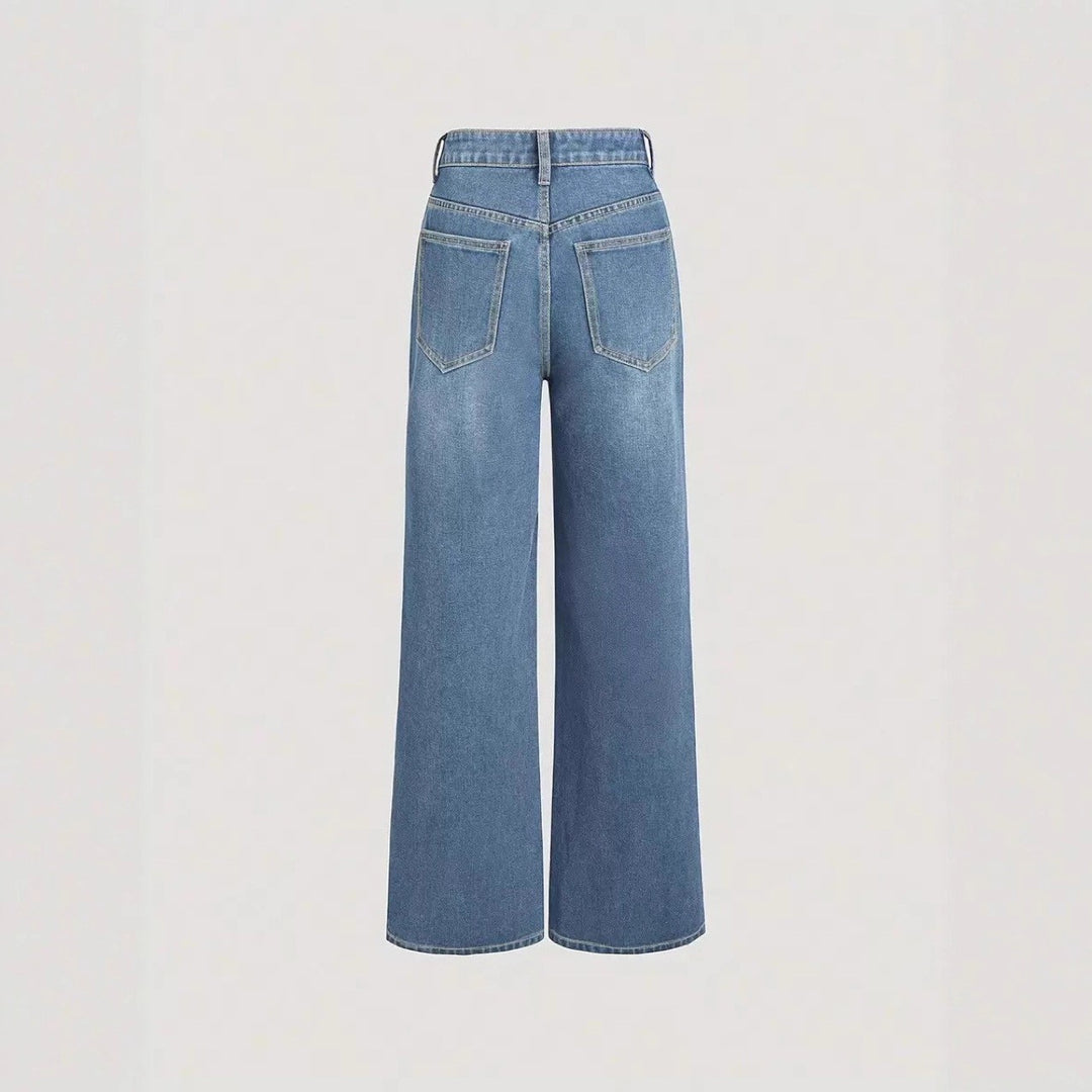 Damen Weit geschnittene Denim-Hose mit hohem Bund und klassischen Taschen Drune