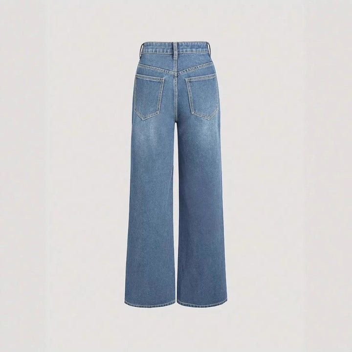 Damen Weit geschnittene Denim-Hose mit hohem Bund und klassischen Taschen Drune