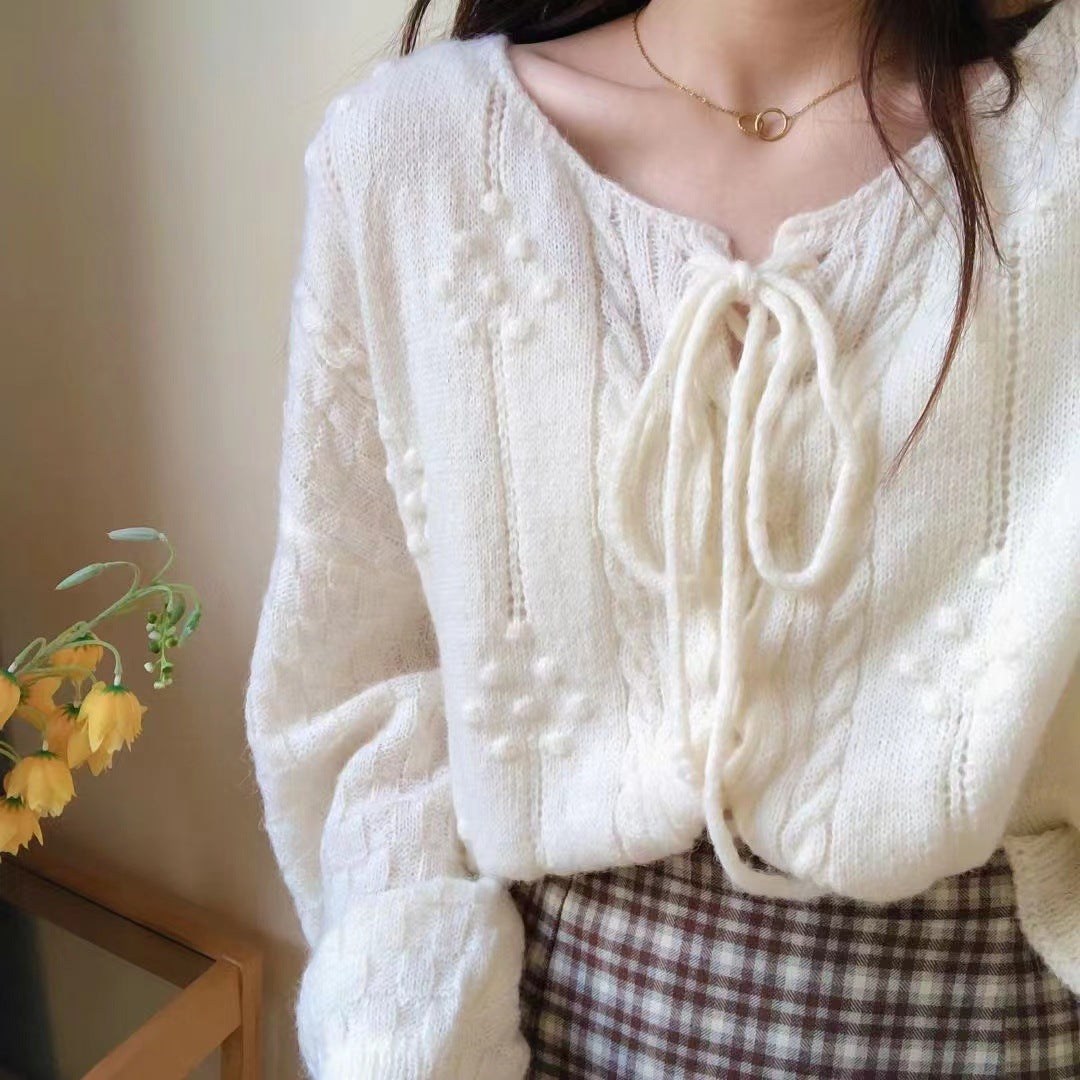 Damen modischer Pullover mit dekorativen Bändchen und strukturiertem Muster Drune