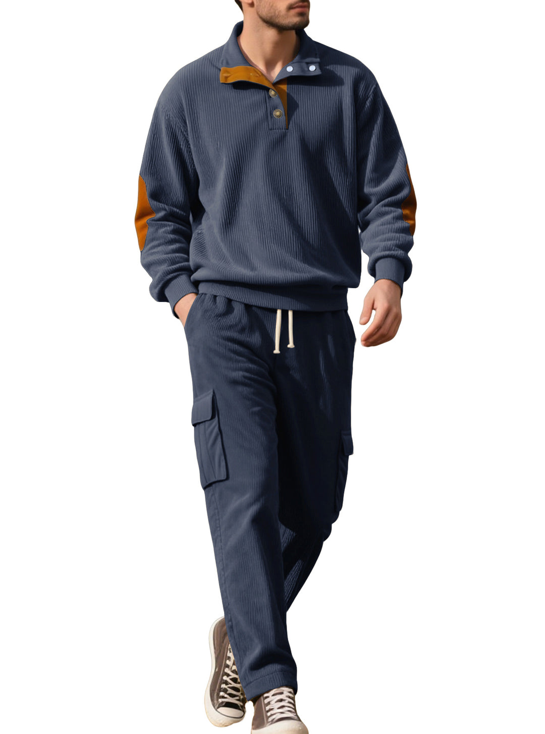 Herren nan strukturierter Troyer-Pullover mit Stehkragen Druckknopfleiste und Velours-Ellenbogenpatch Drune
