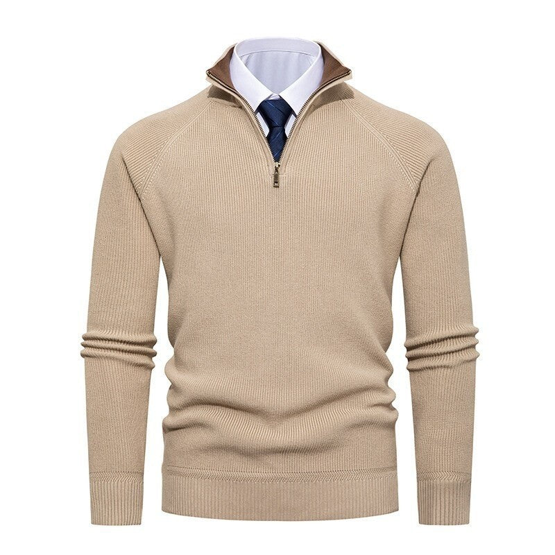 Herren nan feiner Strickpullover mit Halbzip, strukturierter Rippoptik und innen kontrastiertem Stehkragen Drune