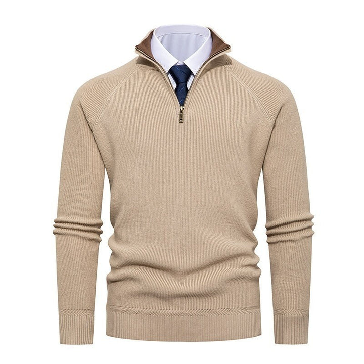 Herren nan feiner Strickpullover mit Halbzip, strukturierter Rippoptik und innen kontrastiertem Stehkragen Drune