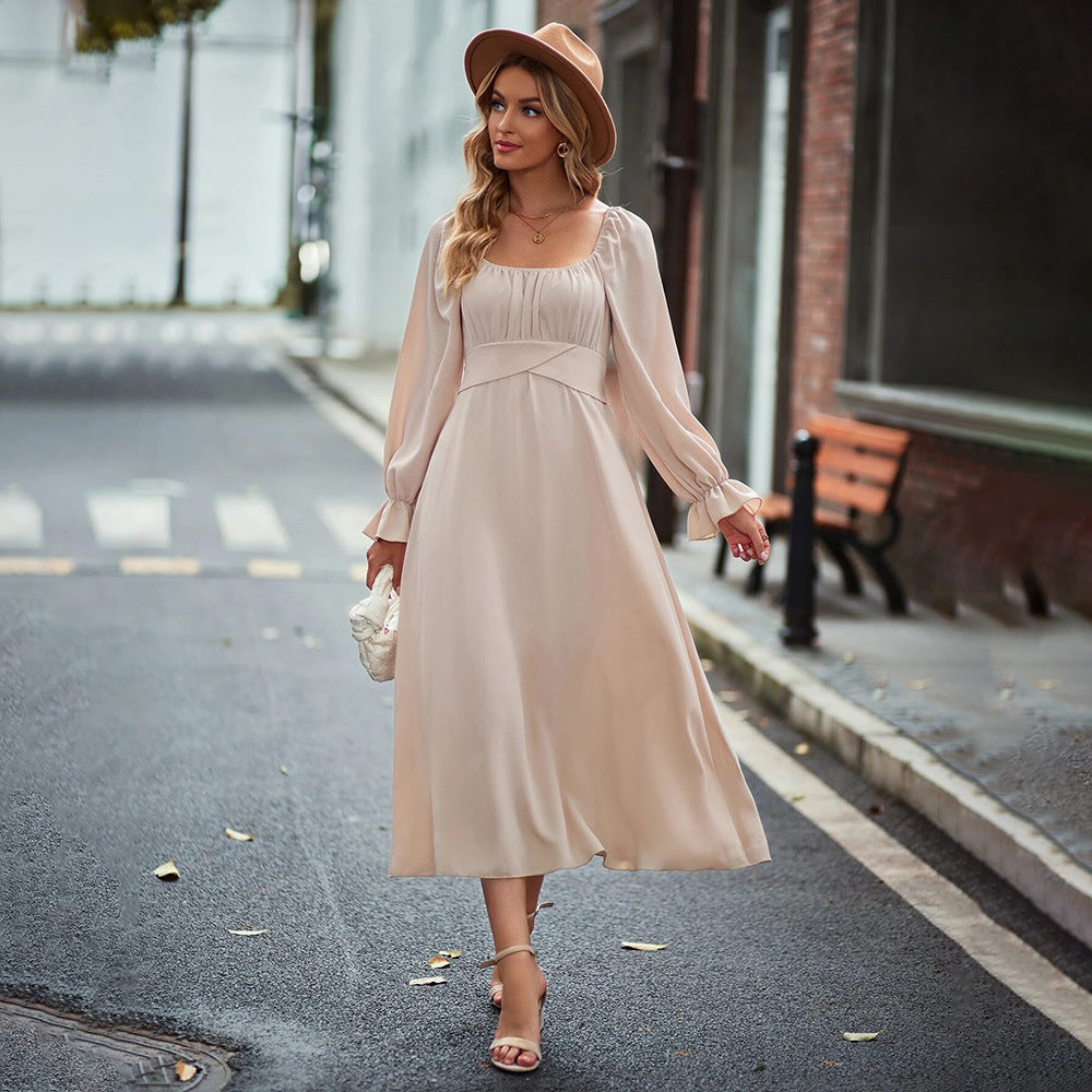 Damen Midi-Kleid mit eleganter Drapierung und langen Puffärmeln Drune