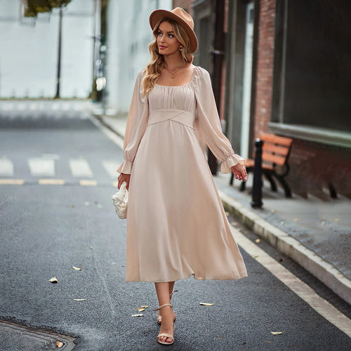 Damen Midi-Kleid mit eleganter Drapierung und langen Puffärmeln Drune