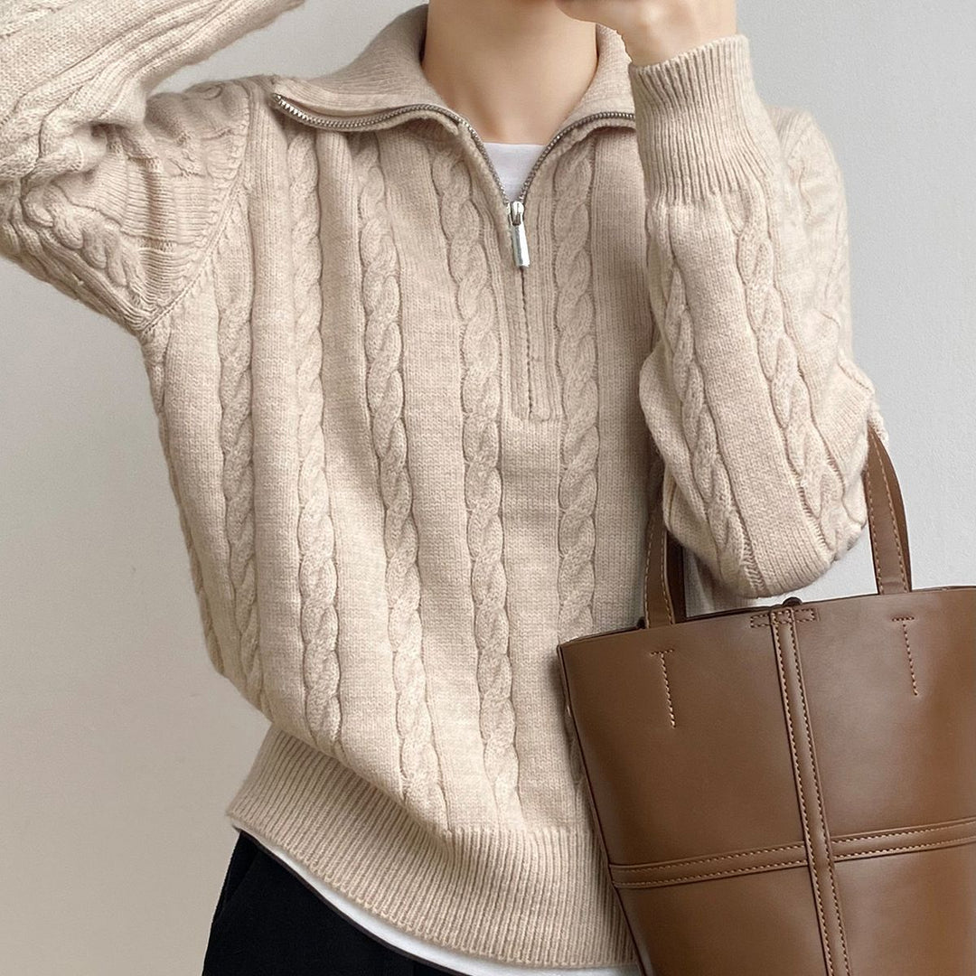 Damen Strickpullover mit Zopfdesign und modernem Stehkragen Drune