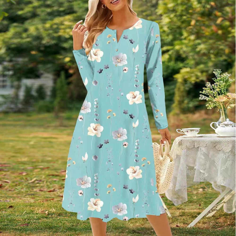 Drune | Bedrucktes V-Ausschnitt Knopf Langarmkleid