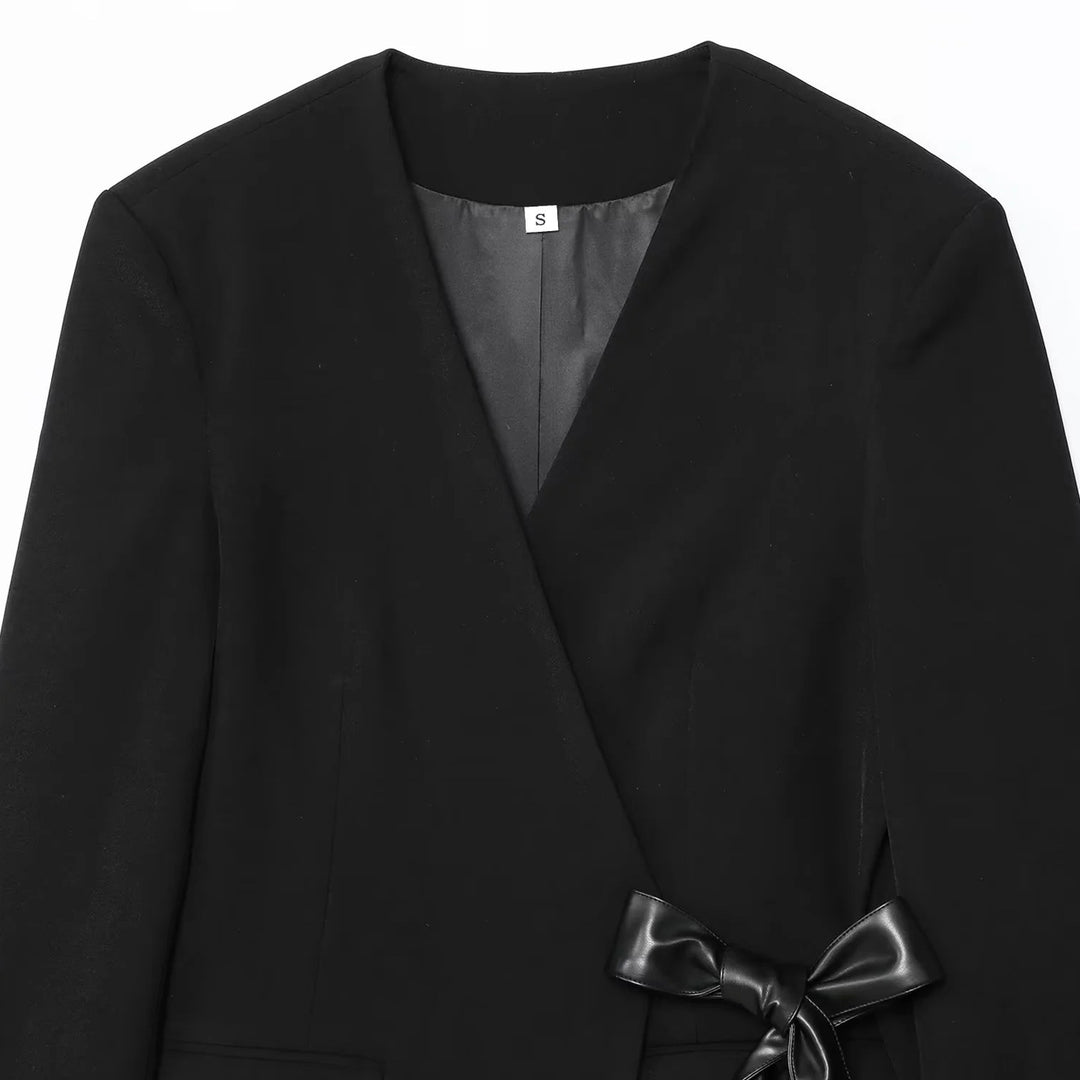 Damen elegante Wickeljacke mit dekorativem Satin-Bindeband Drune