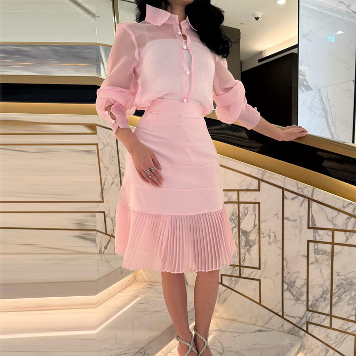 Damen Blusenkleid mit transparenten Ärmeln und Plissee-Rock Drune