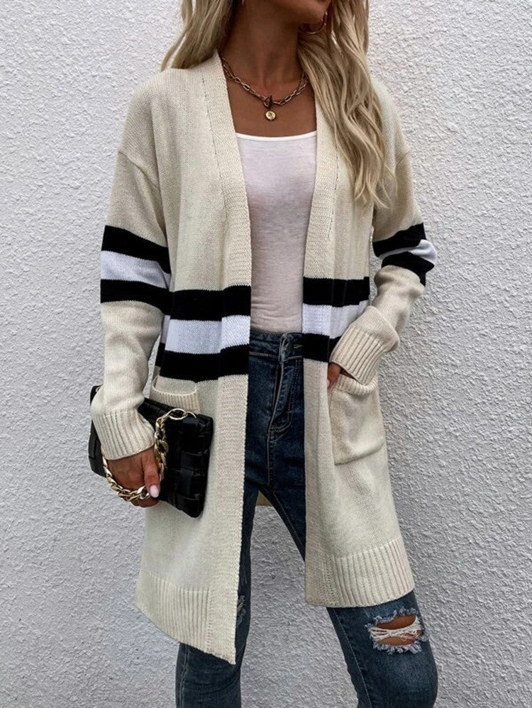 Damen Strickcardigan mit sportlichen Streifen und offenen Taschen Drune