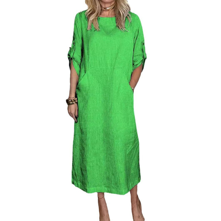 Damen Lässiges Leinen-Midikleid mit Seitentaschen und umschlagbaren Ärmeln Drune