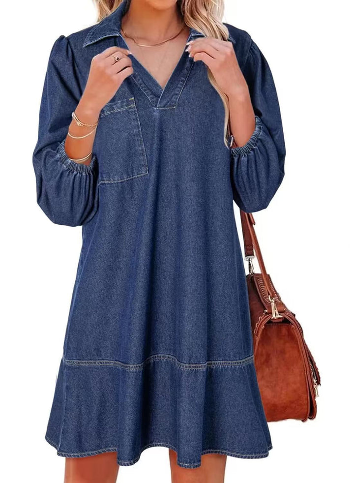 Damen Denim-Kleid mit voluminösen Ärmeln und seitlicher Tasche Drune