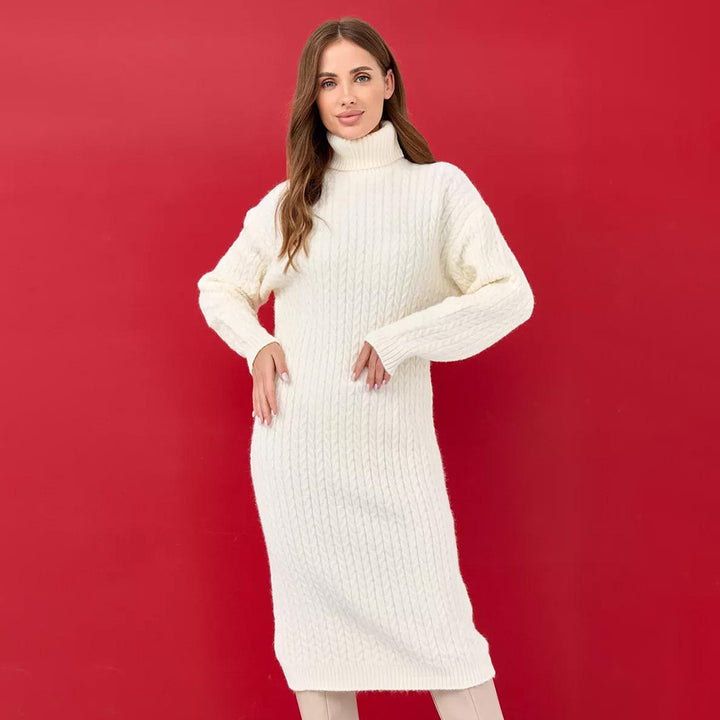 Damen Strickkleid mit hohem Kragen und Zopfmuster Drune