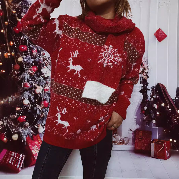 Damen Strickpullover mit festlichem Rentier-Motiv und hohem Kragen Drune